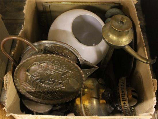 Brass oil lamp & other items
